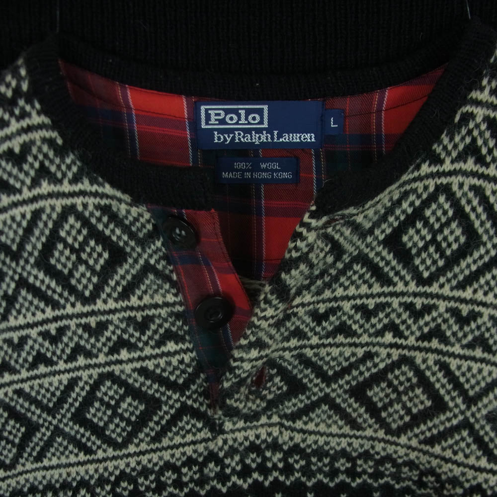 POLO RALPH LAUREN ポロ・ラルフローレン ノルディック ドット柄 ヘンリーネック ウール ニット 香港製 ブラック系 オフホワイト系 L【中古】