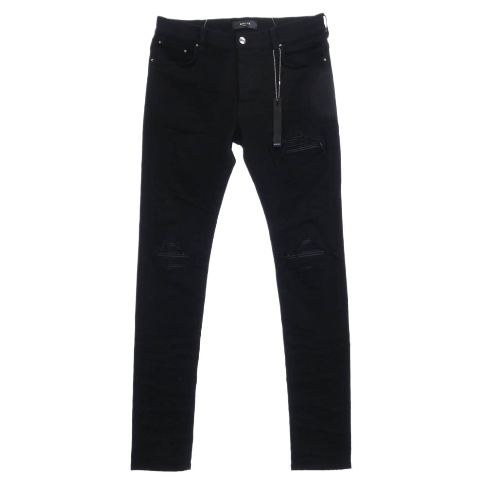 AMIRI アミリ RN150712 USA製 MX1 leather patch レザー 蛇腹 クラッシュ加工 スキニー ブラック デニム ストレッチ パンツ ブラック系 32【中古】