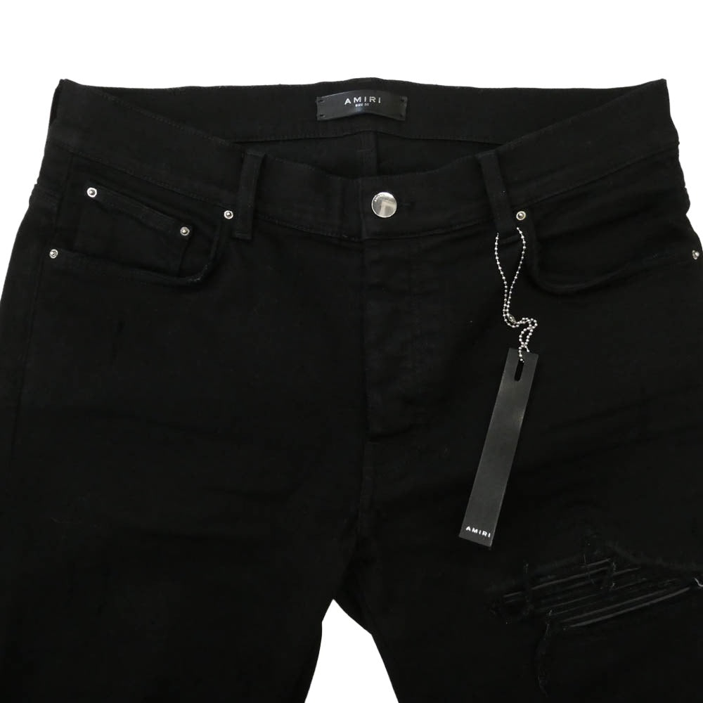AMIRI アミリ RN150712 USA製 MX1 leather patch レザー 蛇腹 クラッシュ加工 スキニー ブラック デニム ストレッチ パンツ ブラック系 32【中古】