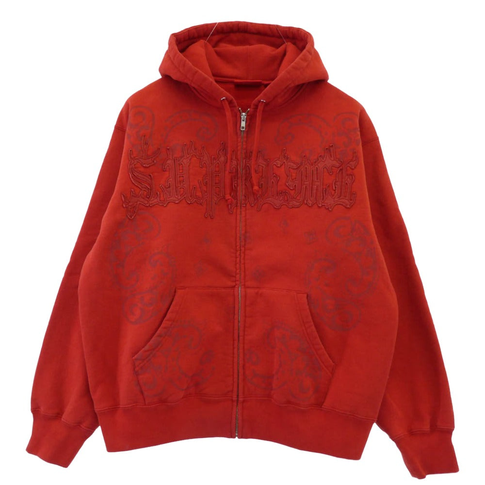 Supreme シュプリーム 25SS Leather Applique Zip Up Hooded Sweatshirt レザー アップリケ ジップアップ フーディー スウェットシャツ パーカー レッド系 M【中古】