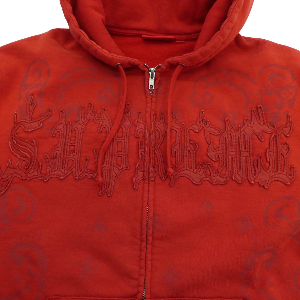 Supreme シュプリーム 25SS Leather Applique Zip Up Hooded Sweatshirt レザー アップリケ ジップアップ フーディー スウェットシャツ パーカー レッド系 M【中古】