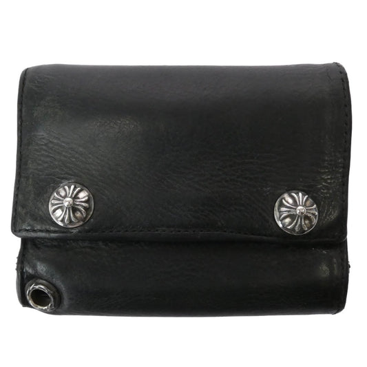 CHROME HEARTS クロムハーツ（原本有） 3FOLD クロスボールボタン 3フォールド レザーウォレット 三つ折り財布 ブラック系【中古】