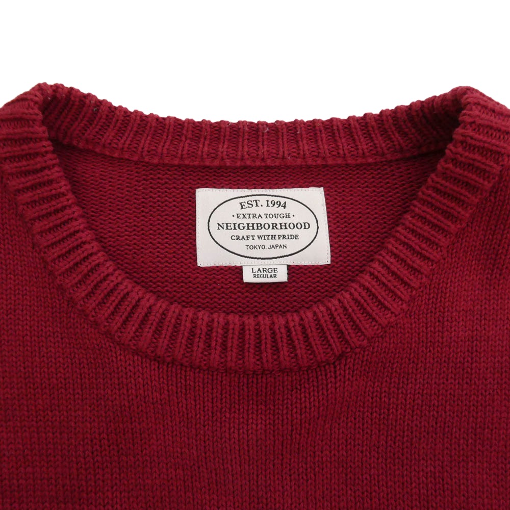 NEIGHBORHOOD ネイバーフッド 15AW 152MANH-KNM04S B.D MF / CW-CREW.LS ウール混 NBHD ロゴワッペン アームボーダー ニット セーター オフホワイト系 レッド系 L【中古】