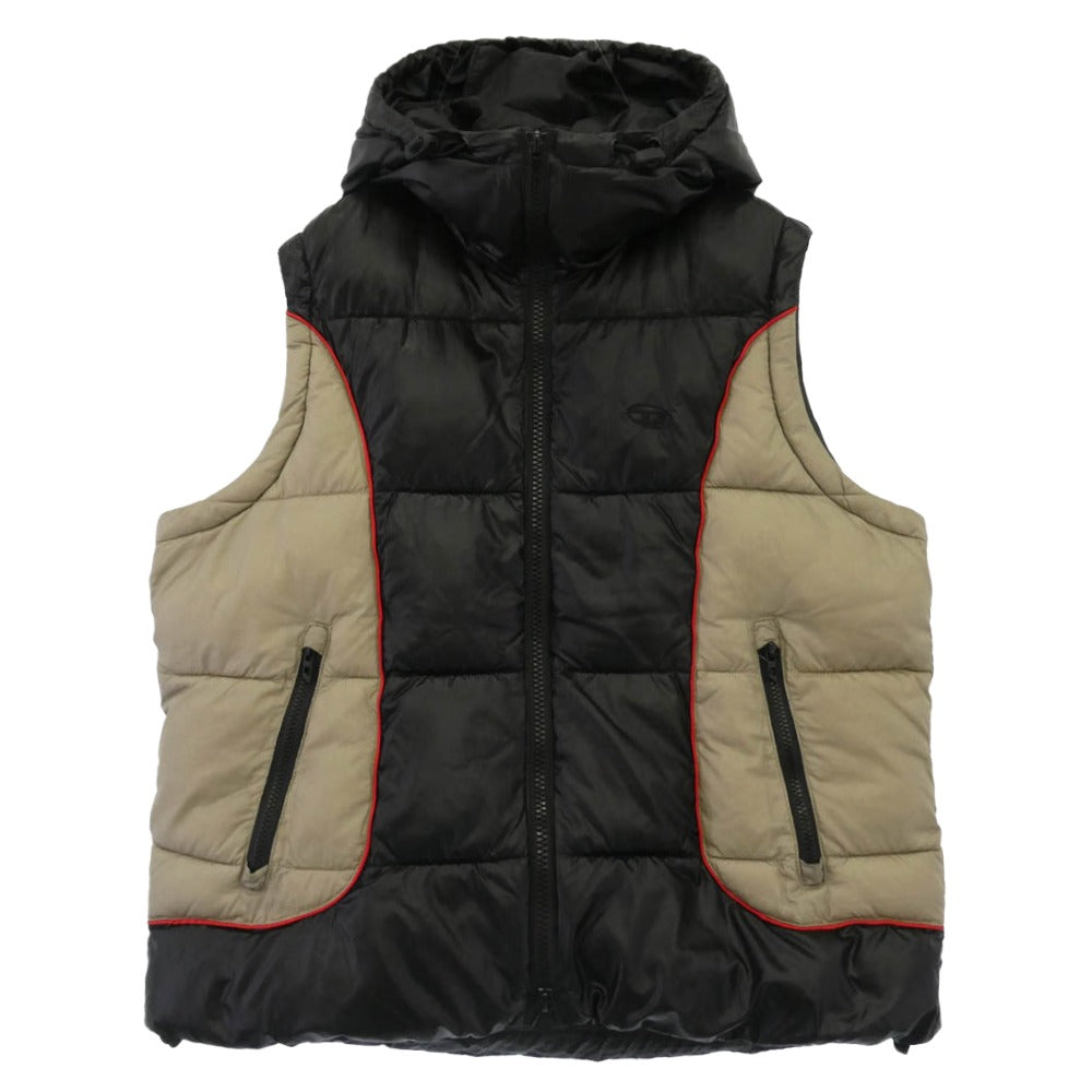 DIESEL ディーゼル 25AW A14406 0DBCH W-OSTEND-SL HOODED PUFFER VEST ロゴ刺繍 ナイロン 中綿 フーデッド ベスト ブラック系 ベージュ系 46【中古】