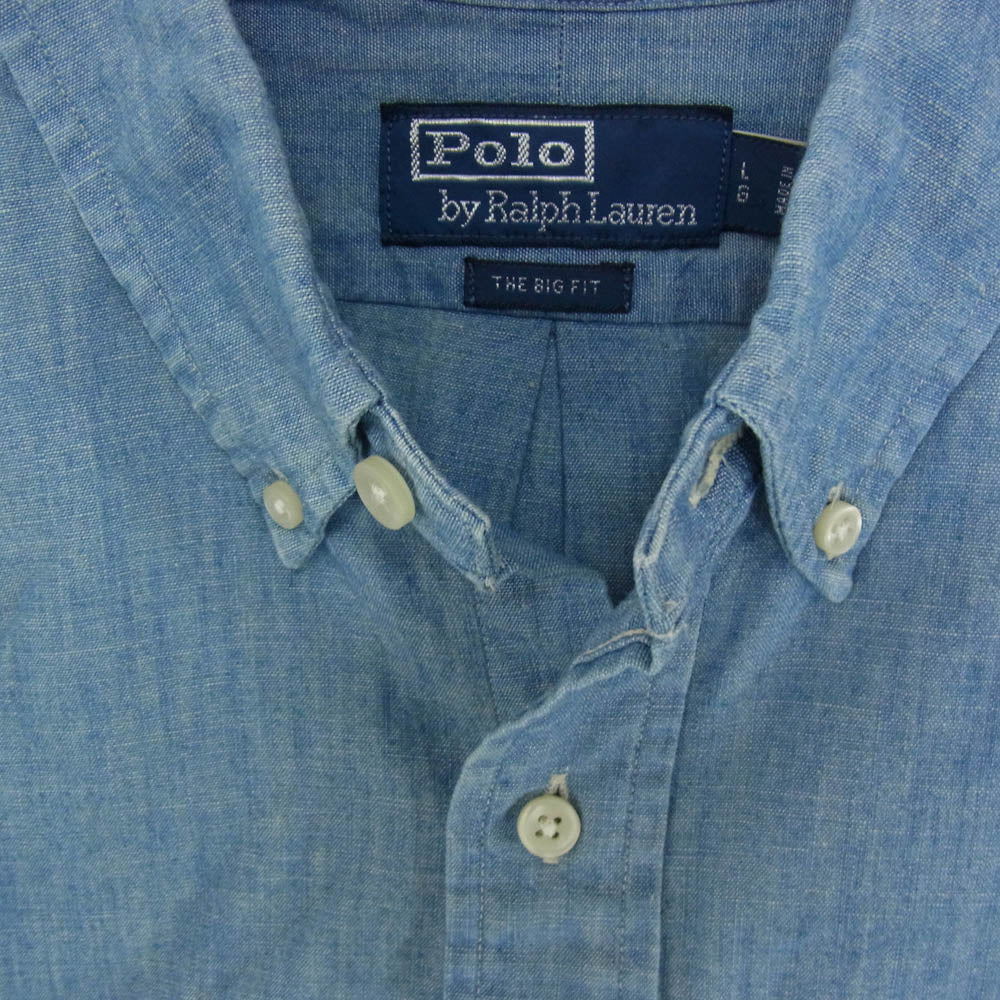 POLO RALPH LAUREN ポロ・ラルフローレン THE BIG FIT 裾ポニーロゴ刺繍 シャンブレー ボタンダウン オーバーサイズ 長袖 シャツ ブルー系 LG【中古】
