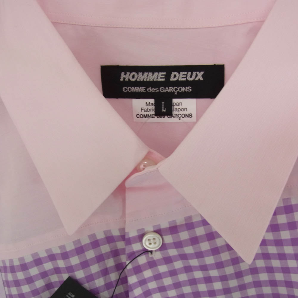 COMME des GARCONS HOMME DEUX コムデギャルソンオムドゥ DP-B043 AD2025 捻れ パッチワーク 切替 長袖 シャツ ピンク系 L【極上美品】【中古】