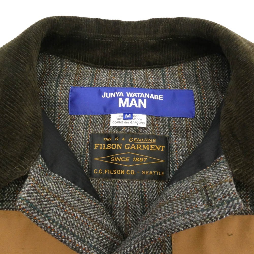 JUNYA WATANABE COMME des GARCONS MAN ジュンヤワタナベコムデギャルソンマン FILSON フィルソン 25AW WP-C014 ウール 襟コーデュロイ レザーパッチ 切替 ジャケット ブラウン系 M【極上美品】【中古】