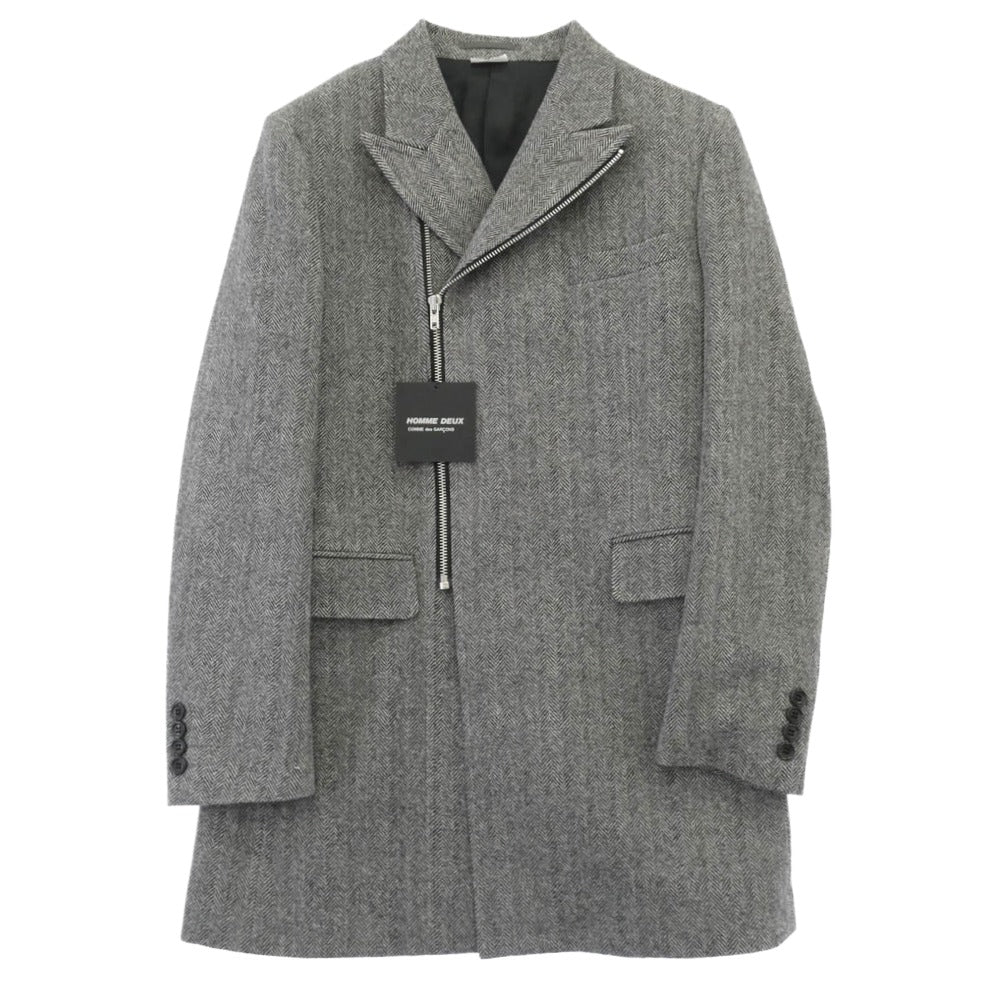 COMME des GARCONS HOMME DEUX コムデギャルソンオムドゥ 25AW DP-J052-051 ヘリンボーン ピークドラペル ジップアップ チェスターコート グレー系 S【極上美品】【中古】