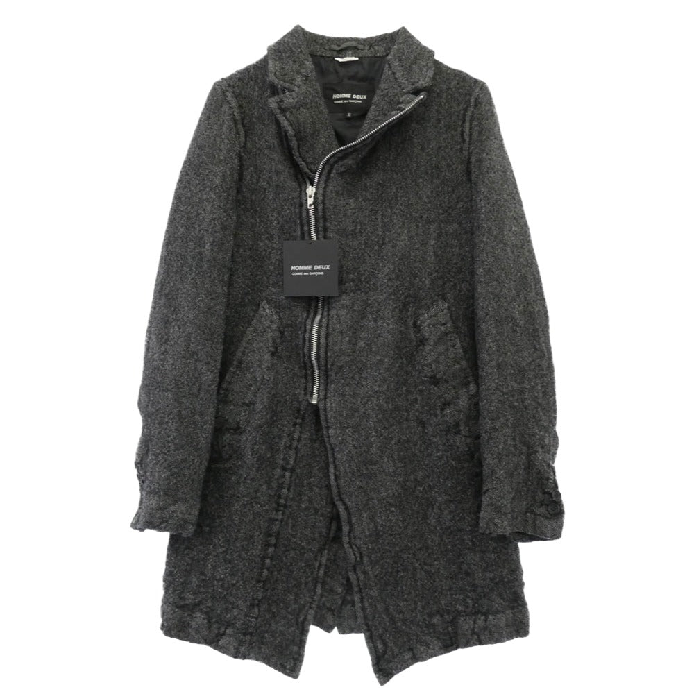 COMME des GARCONS HOMME DEUX コムデギャルソンオムドゥ 25AW DP-C002-051 製品加工ウール縮絨 ジップアップ ロングコート ジャケット グレー系 XS【極上美品】【中古】