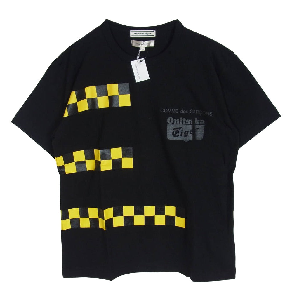 COMME des GARCONS コムデギャルソン 25AW OP-T004-051 Wネーム チェッカード 胸ロゴプリント クルーネック 半袖 Tシャツ カットソー ブラック系 XL【極上美品】【中古】