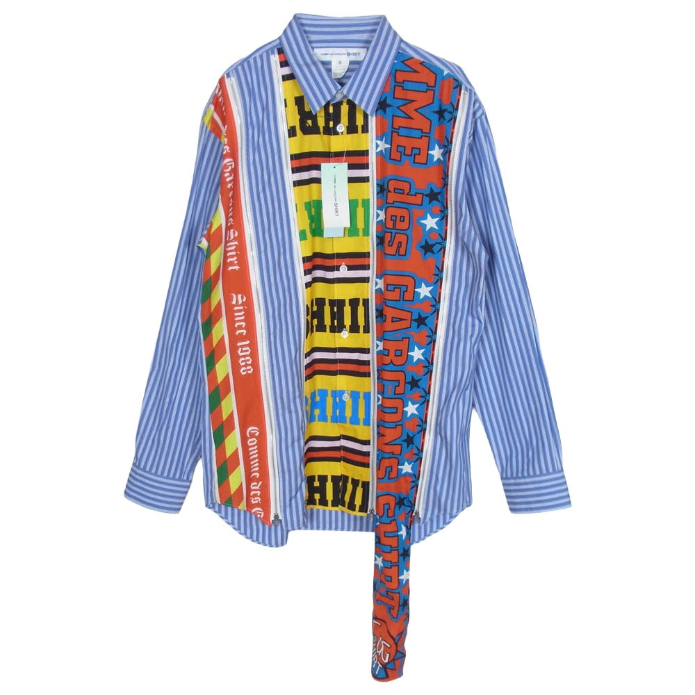 COMME des GARCONS コムデギャルソン 25AW FP-B012-W25 SHIRT シャツ yarn dyed cotton stripe x cotton poplin print ジップデザイン ヤーン ダイド コットンストライプ ポプリン 長袖 シャツ ブルー系 M【極上美品】【中古】