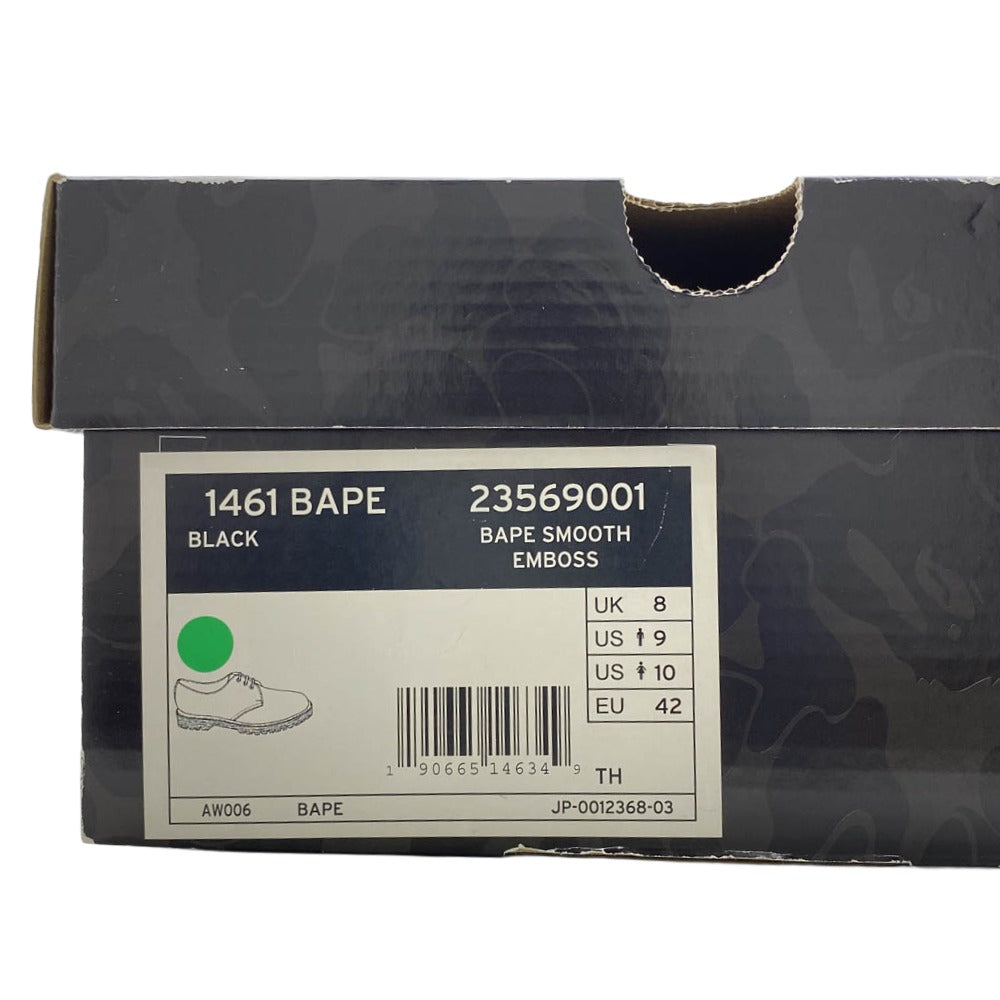 A BATHING APE アベイシングエイプ Dr.Martens ドクターマーチン 1461 BAPE x Dr. Martens Emboss 3EYE SHOE ドクターマーチン エンボス 猿カモ 猿迷彩 イエローウェルトステッチ 3 ホール シューズ ブラック系 US9【中古】