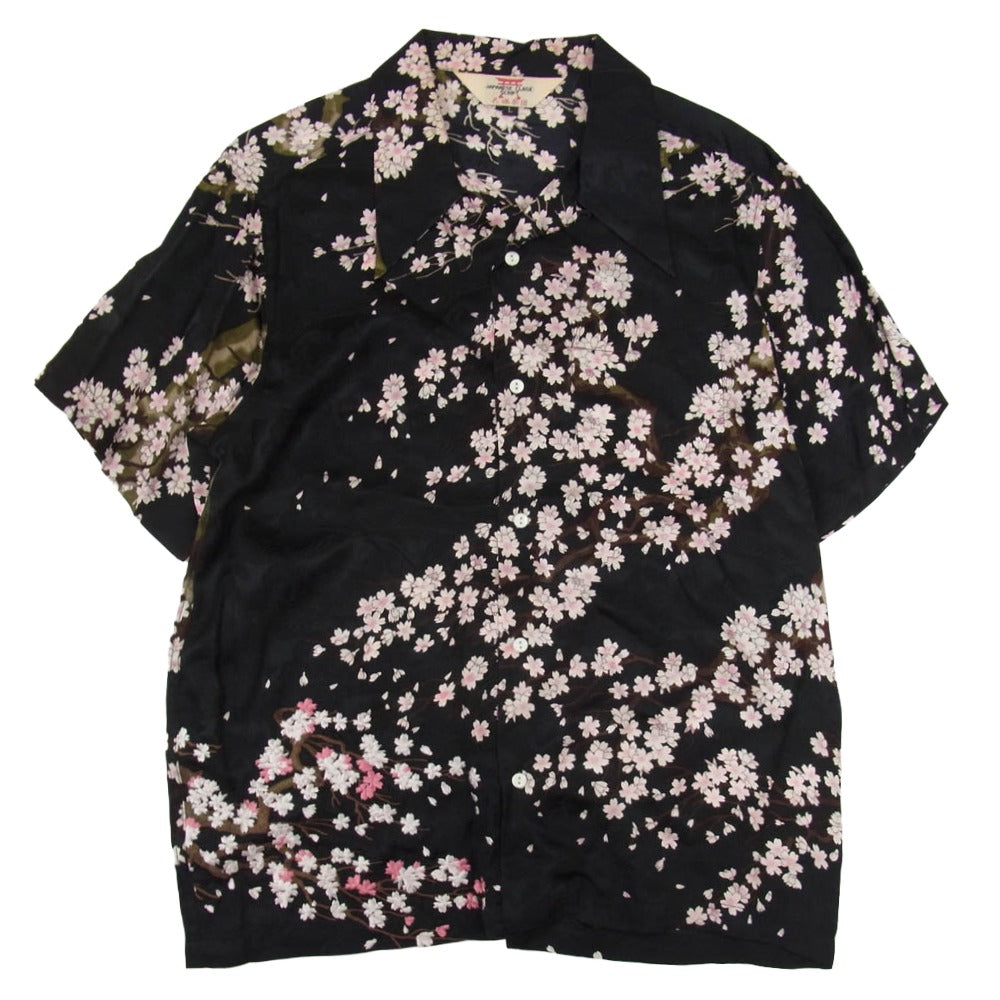 花旅楽団 桜 開襟 オープンカラー 半袖シャツ ブラック系 L【中古】