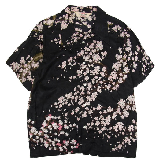 花旅楽団 桜 開襟 オープンカラー 半袖シャツ ブラック系 L【中古】