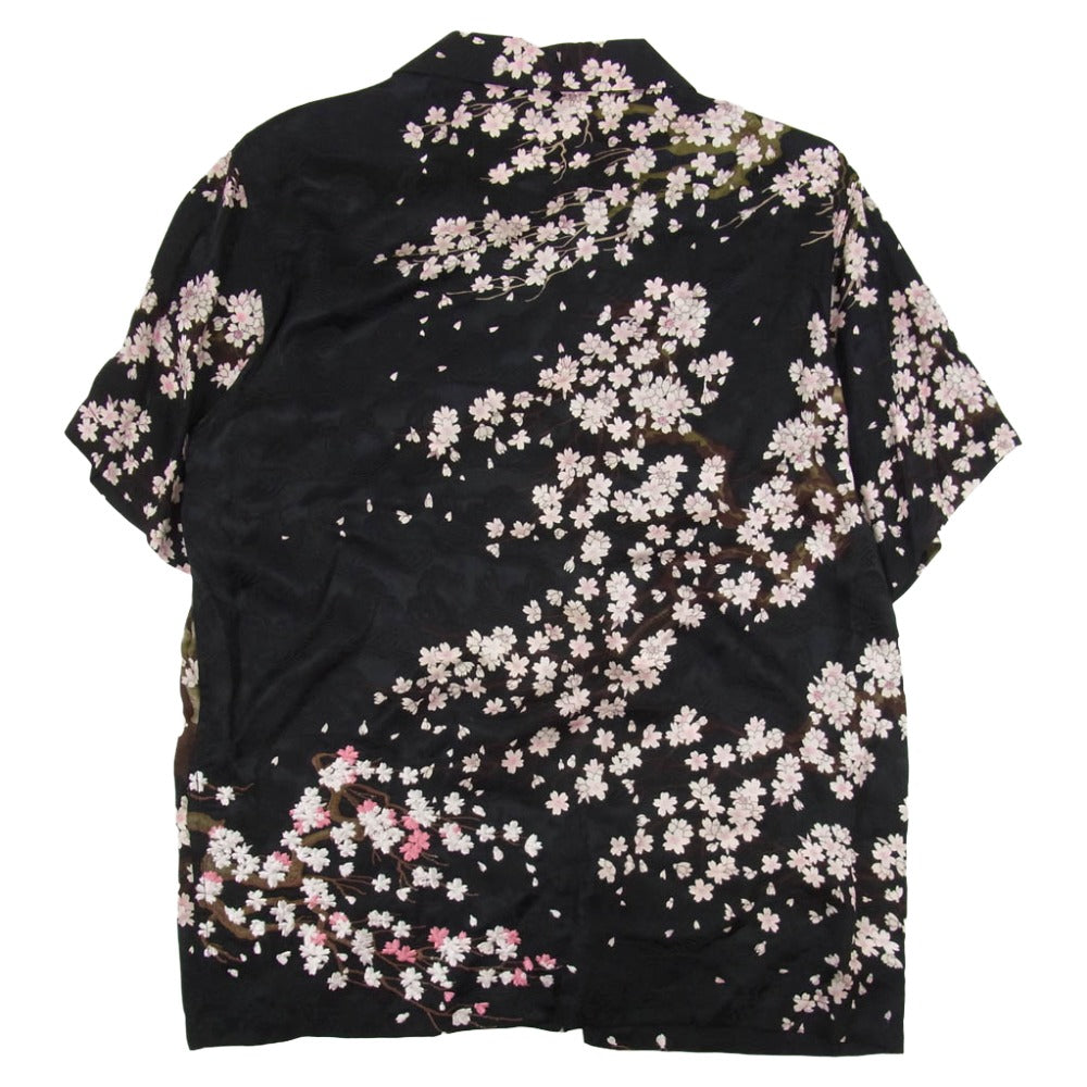 花旅楽団 桜 開襟 オープンカラー 半袖シャツ ブラック系 L【中古】