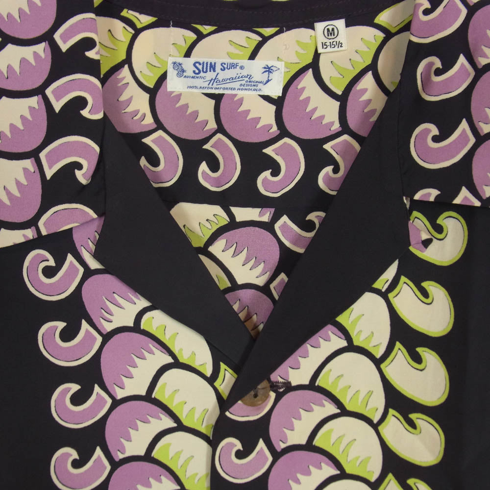 SUN SURF サンサーフ SS33864 GEOMETRICAL LEI BORDER ジオメトリカル レイ ボーダー 半袖 アロハシャツ 黒紫茶系 M【中古】
