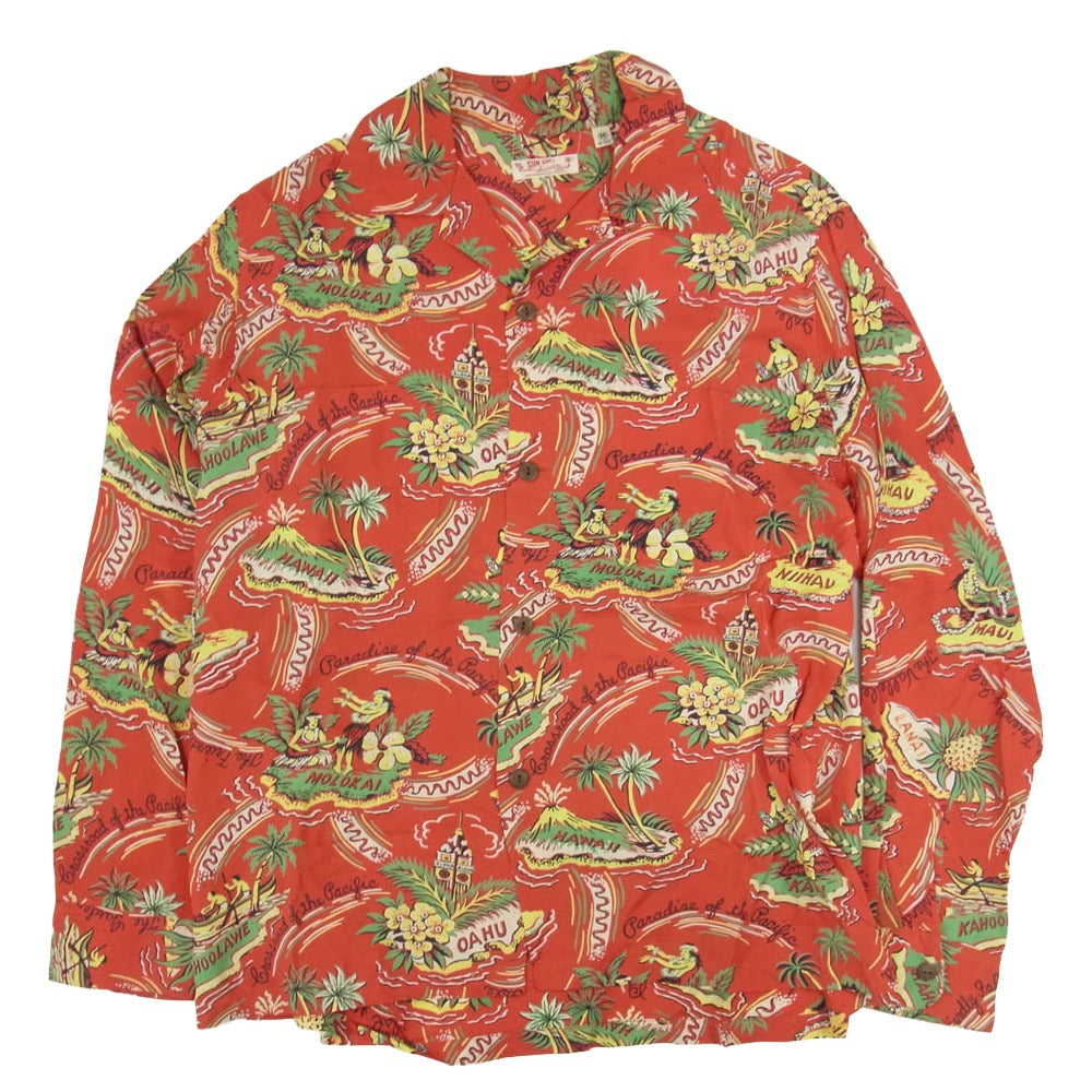 SUN SURF サンサーフ SS24439 PARADISE OF THE PACIFIC 総柄 レーヨン 長袖 アロハシャツ レッド系 M【中古】
