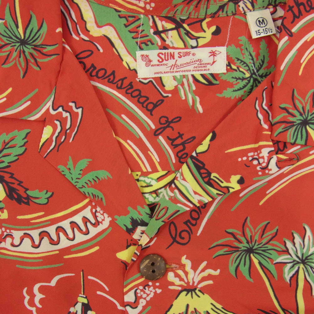 SUN SURF サンサーフ SS24439 PARADISE OF THE PACIFIC 総柄 レーヨン 長袖 アロハシャツ レッド系 M【中古】