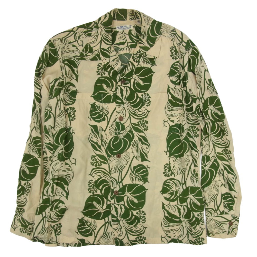 SUN SURF サンサーフ SS24436 ANTHURIUM BORDER リーフ柄 ストライプ 長袖 アロハシャツ グリーン系 M【中古】