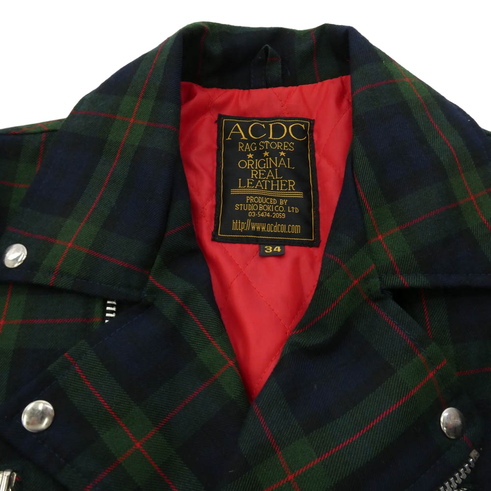 エーシーディーシーラグ チェック柄 ダブル ライダース ジャケット グリーン系 34【中古】