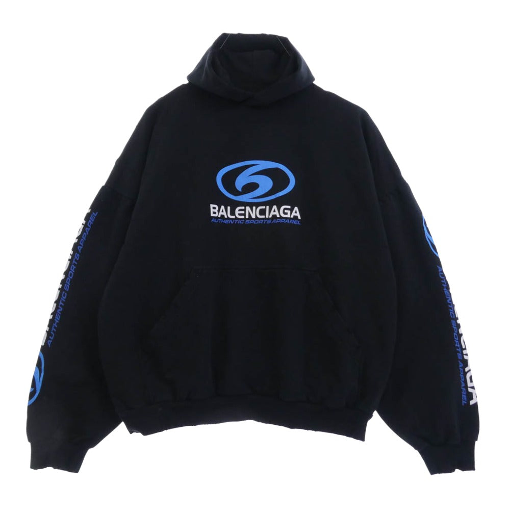 BALENCIAGA バレンシアガ 24SS 761458 TPVU7 Surfer Round Hoodie サーファー ラウンド ロゴプリント ダメージ加工 プルオーバー パーカー フーディー ブラック系 3【極上美品】【中古】