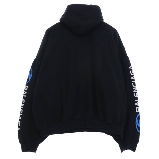 BALENCIAGA バレンシアガ 24SS 761458 TPVU7 Surfer Round Hoodie サーファー ラウンド ロゴプリント ダメージ加工 プルオーバー パーカー フーディー ブラック系 3【極上美品】【中古】