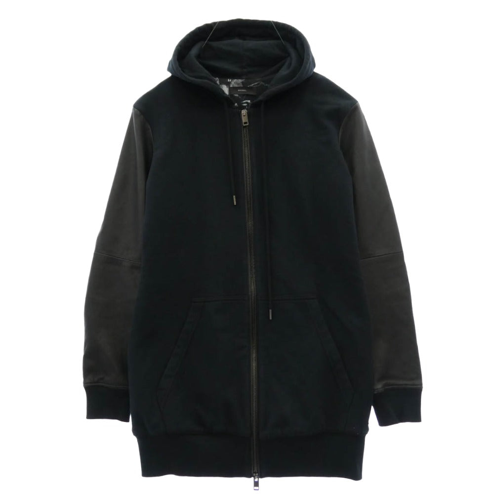DIESEL ディーゼル TR000084 アーム ラムレザー メタルロゴ ロング ジップ スウェット パーカー ブラック系【中古】