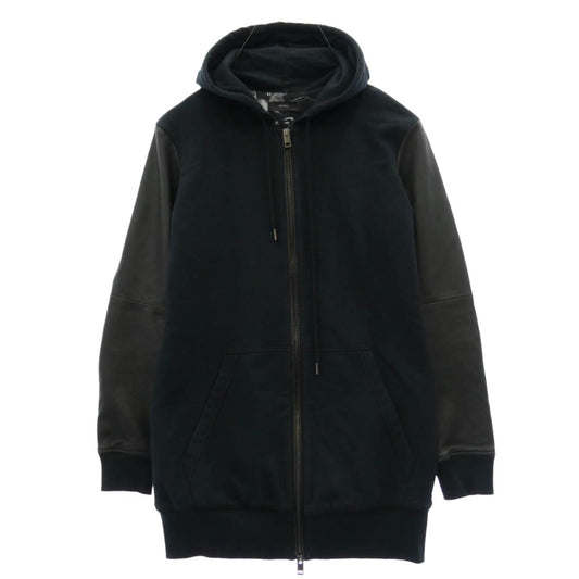 DIESEL ディーゼル TR000084 アーム ラムレザー メタルロゴ ロング ジップ スウェット パーカー ブラック系【中古】