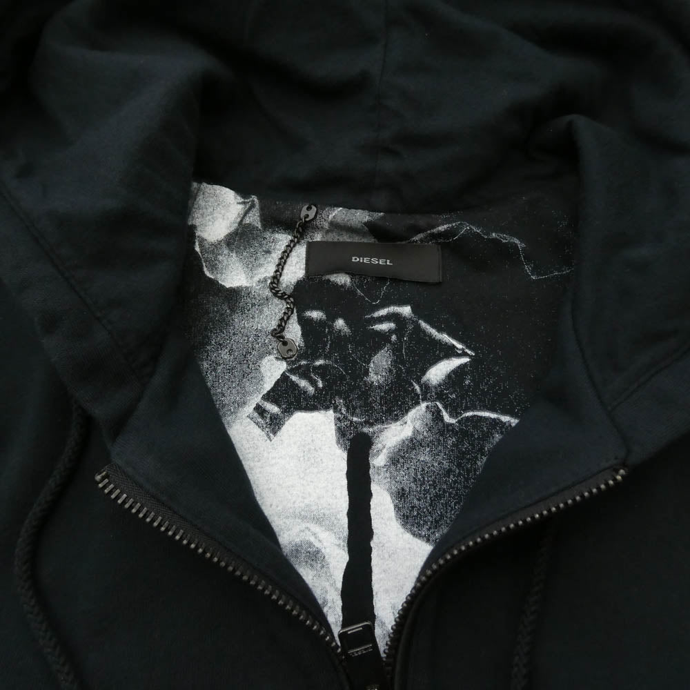 DIESEL ディーゼル TR000084 アーム ラムレザー メタルロゴ ロング ジップ スウェット パーカー ブラック系【中古】