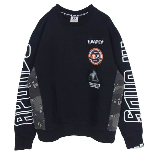 A BATHING APE アベイシングエイプ AAPSWM3240XX7 AAPE エーエイプ Universe ユニバース ロゴワッペン カモ切替 アームプリント スウェット ブラック系 L【中古】