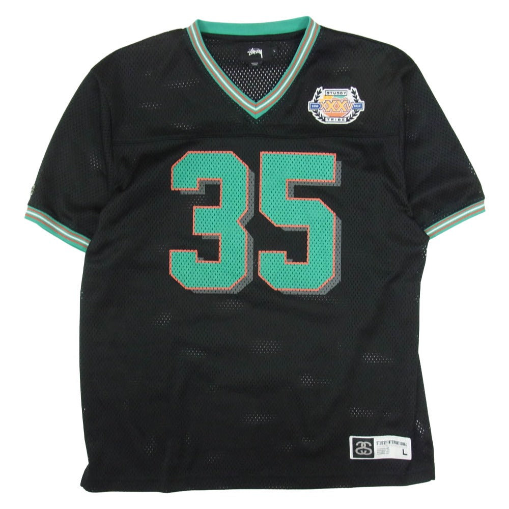 STUSSY ステューシー 35周年 ロゴワッペン Vネック メッシュ フットボールシャツ 半袖カットソー ブラック系 L【中古】