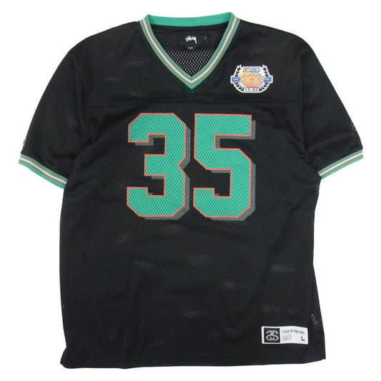 STUSSY ステューシー 35周年 ロゴワッペン Vネック メッシュ フットボールシャツ 半袖カットソー ブラック系 L【中古】