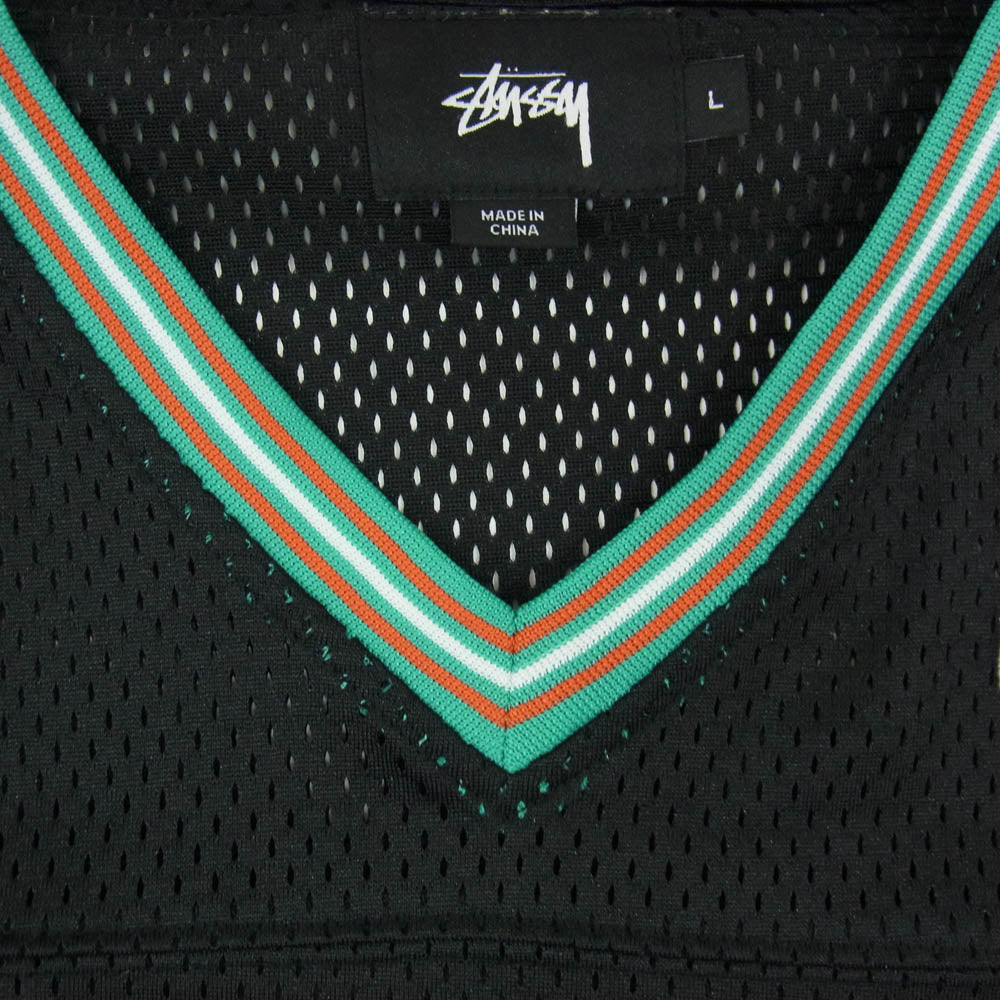 STUSSY ステューシー 35周年 ロゴワッペン Vネック メッシュ フットボールシャツ 半袖カットソー ブラック系 L【中古】