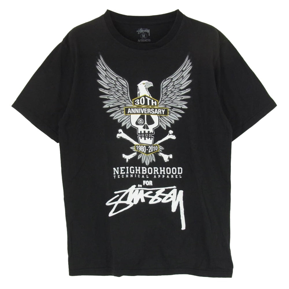 STUSSY ステューシー 10SS 30周年記念 × NEIGHBORHOOD ネイバーフッド イーグル スカル プリント Tシャツ 半袖カットソー ブラック系 M【中古】