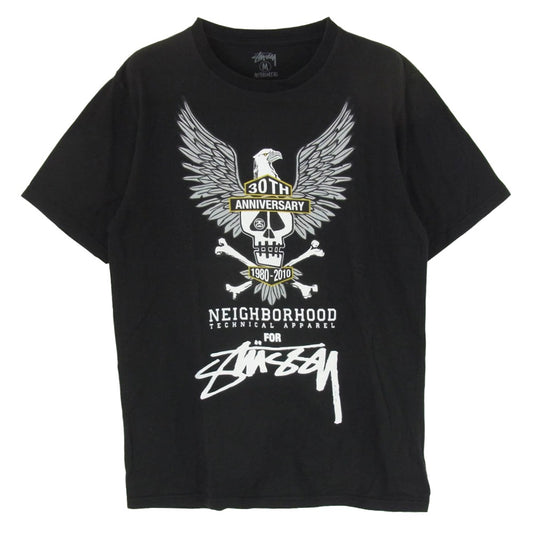 STUSSY ステューシー 10SS 30周年記念 × NEIGHBORHOOD ネイバーフッド イーグル スカル プリント Tシャツ 半袖カットソー ブラック系 M【中古】