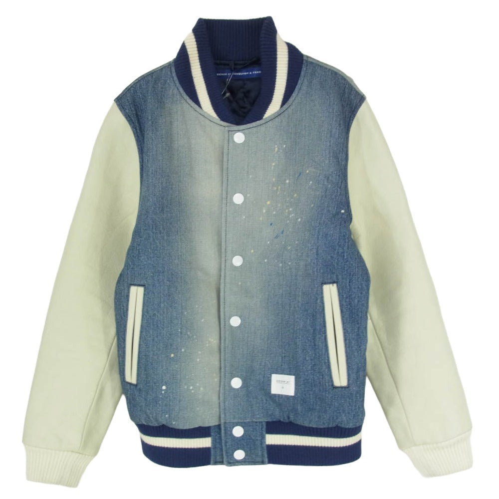 FRAGMENT DESIGN フラグメントデザイン VANQUISH ヴァンキッシュ VFJ2007 × DENIM BY VANQUISH VARSITY JACKET デニムバイヴァンキッシュ ペイント加工 レザーアーム デニム スタジャン ブルゾン インディゴブルー系 S【中古】