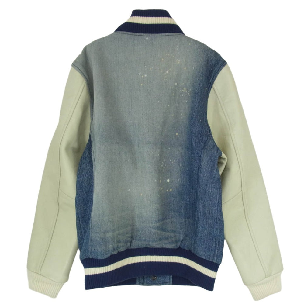 FRAGMENT DESIGN フラグメントデザイン VANQUISH ヴァンキッシュ VFJ2007 × DENIM BY VANQUISH VARSITY JACKET デニムバイヴァンキッシュ ペイント加工 レザーアーム デニム スタジャン ブルゾン インディゴブルー系 S【中古】