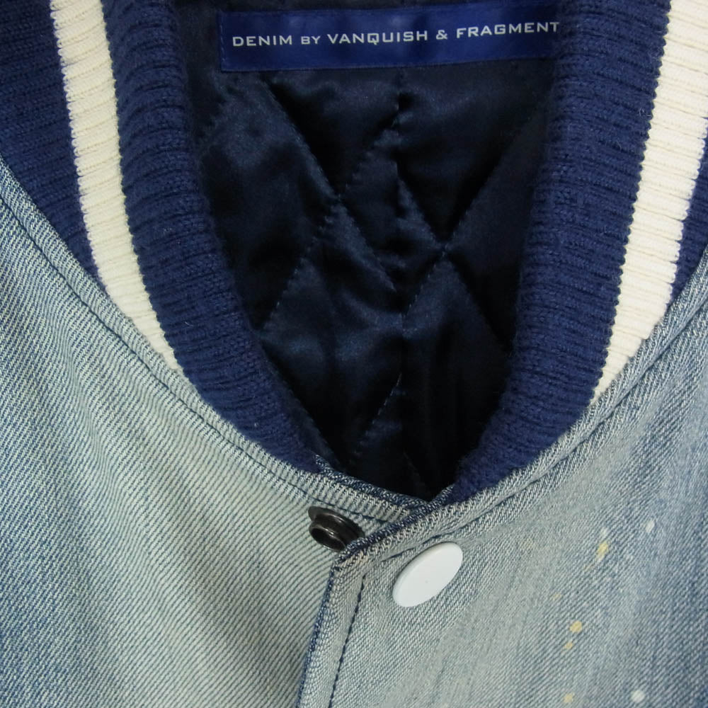 FRAGMENT DESIGN フラグメントデザイン VANQUISH ヴァンキッシュ VFJ2007 × DENIM BY VANQUISH VARSITY JACKET デニムバイヴァンキッシュ ペイント加工 レザーアーム デニム スタジャン ブルゾン インディゴブルー系 S【中古】