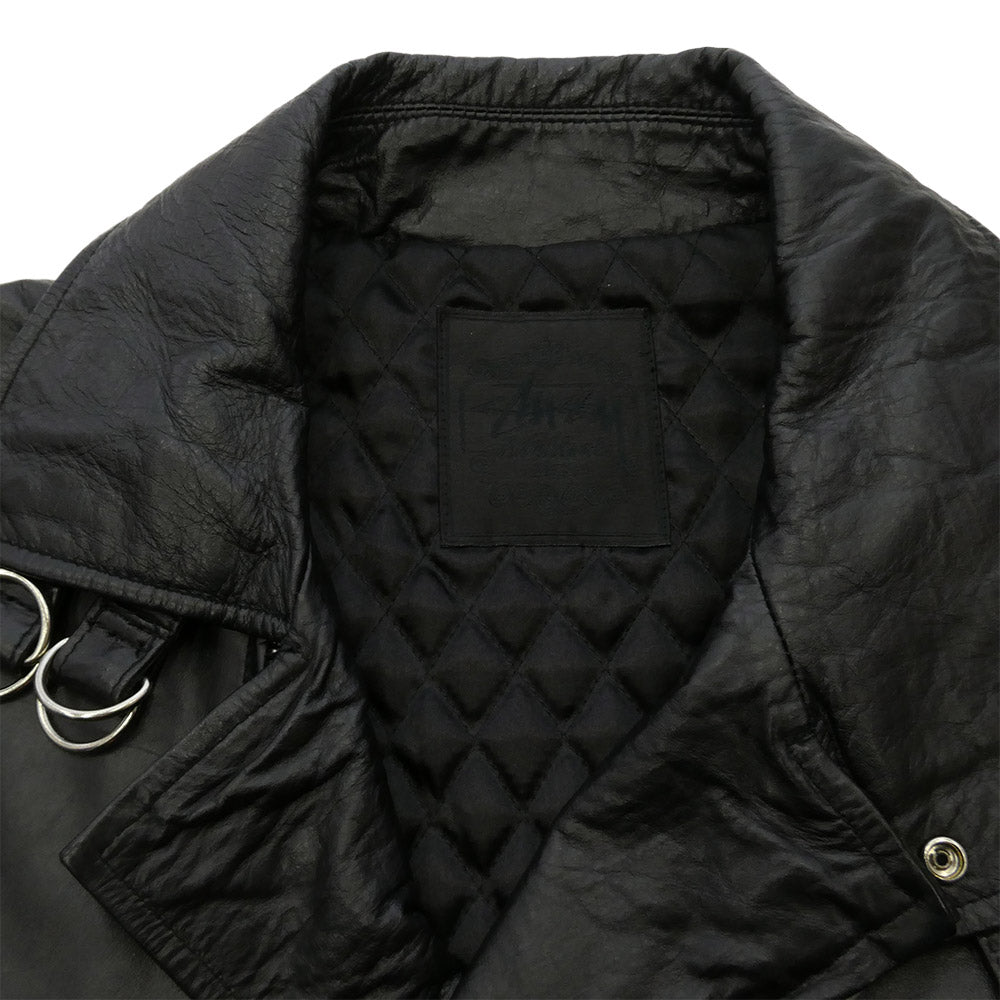 STUSSY ステューシー ベルトネック カウレザー ダブル ライダース ジャケット 牛革 裏地 キルティング ブラック系 L【中古】