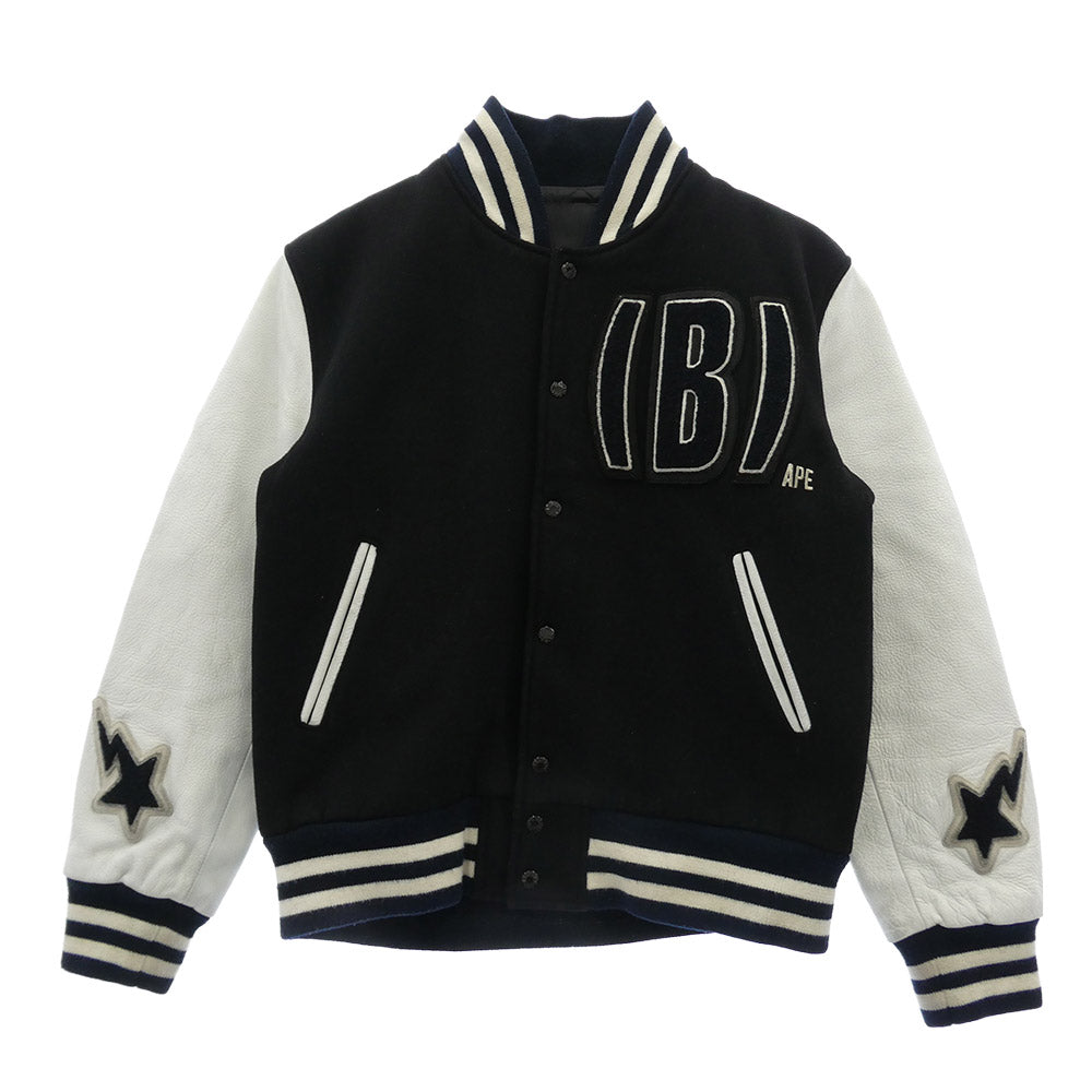 A BATHING APE アベイシングエイプ Cowhide Varsity jacket 牛革 袖 レザー BAPSTA B ワッペン スタジャン バーシティジャケット ブラック ブラック系 L【中古】