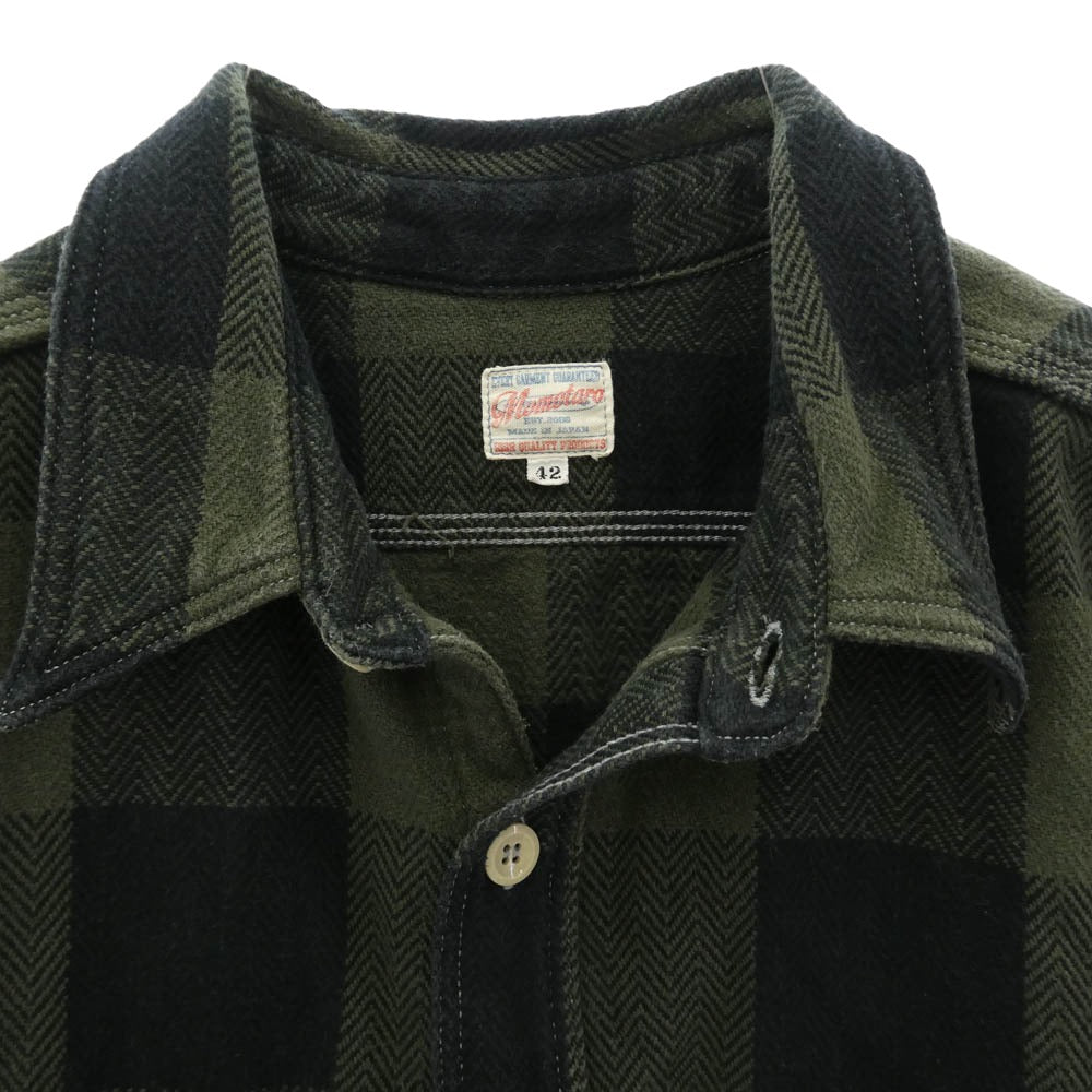 MOMOTARO JEANS 桃太郎ジーンズ ヘリンボーン チェック ネルシャツ グリーン系 42【中古】