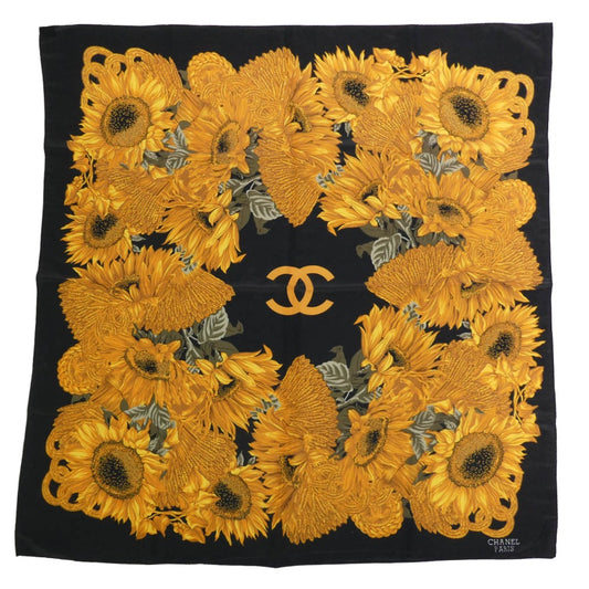 CHANEL シャネル ココマーク ロゴ 向日葵 ひまわり シルク スカーフ ブラック系【中古】