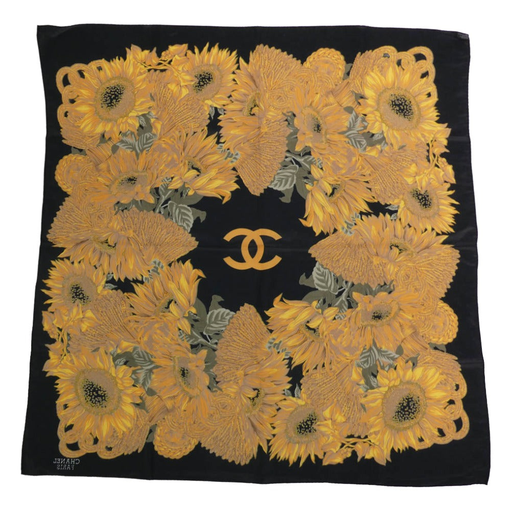 CHANEL シャネル ココマーク ロゴ 向日葵 ひまわり シルク スカーフ ブラック系【中古】