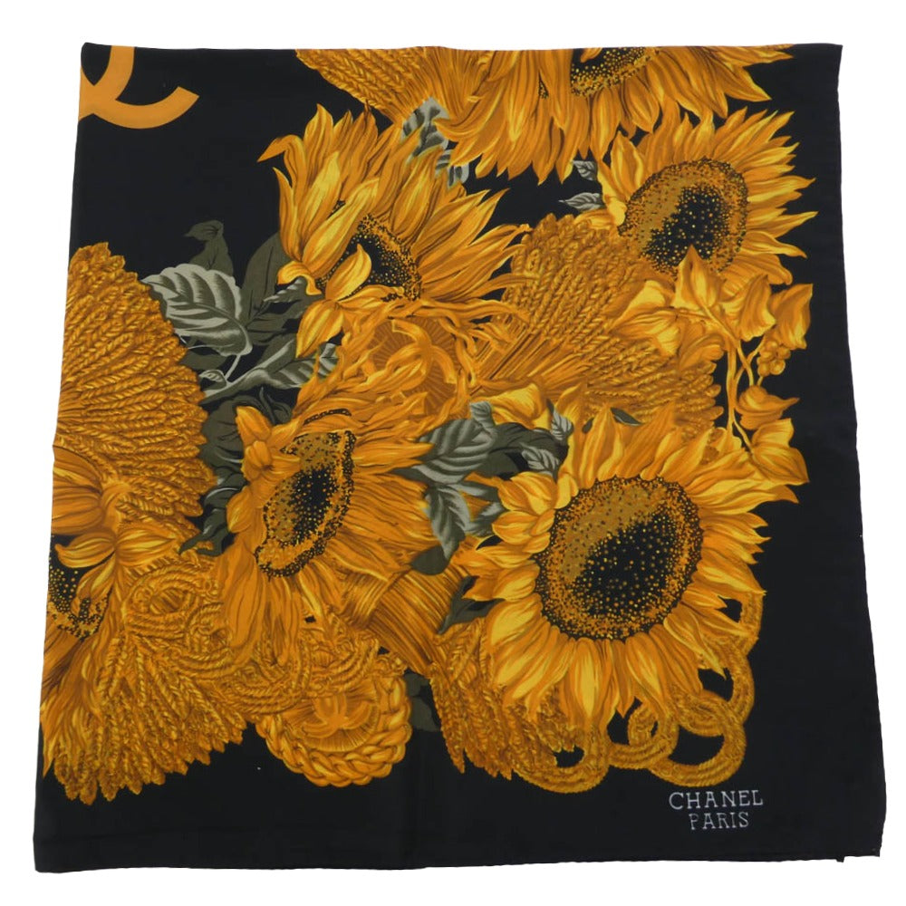 CHANEL シャネル ココマーク ロゴ 向日葵 ひまわり シルク スカーフ ブラック系【中古】