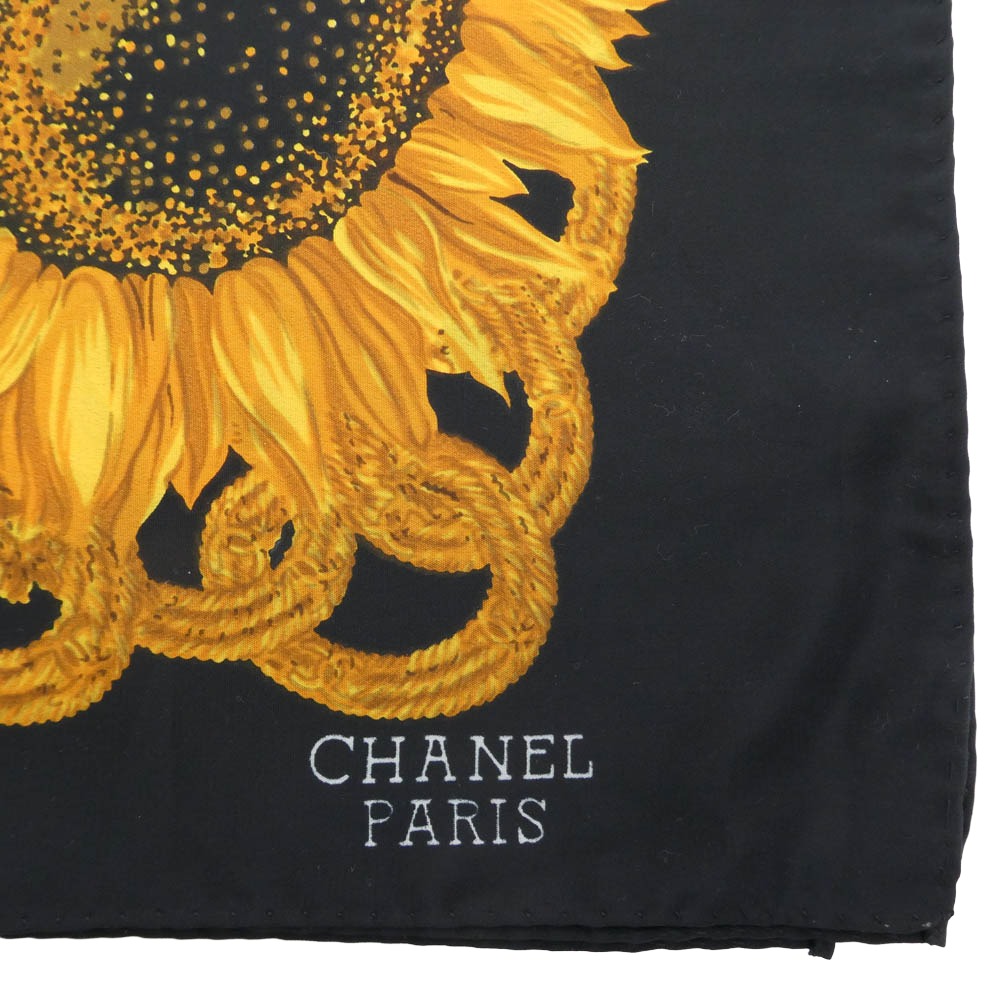 CHANEL シャネル ココマーク ロゴ 向日葵 ひまわり シルク スカーフ ブラック系【中古】