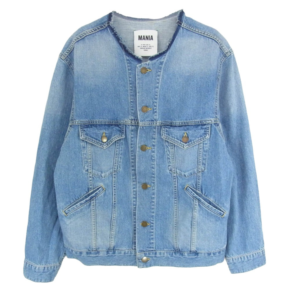 マニア ノーカラー デニム ジャケット インディゴブルー系 L【中古】