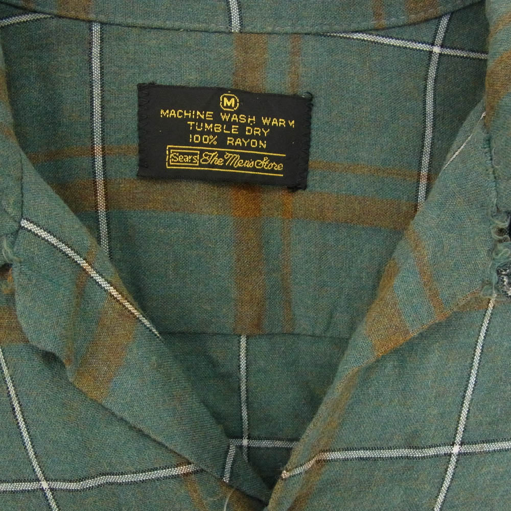 シアーズ 60s～70s The Men's Store ヴィンテージ レーヨン100％ チェック オープンカラー 長袖 シャツ グリーン系 M【中古】