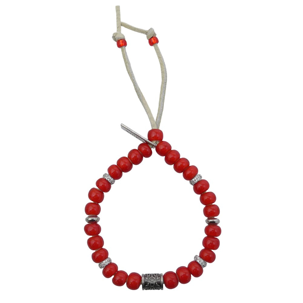 カミヤ G16AC215-0 Glass Beaded Bracelet レザー ビーズ ブレスレット レッド系 シルバー系【極上美品】【中古】