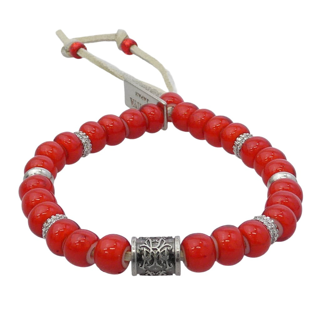カミヤ G16AC215-0 Glass Beaded Bracelet レザー ビーズ ブレスレット レッド系 シルバー系【極上美品】【中古】