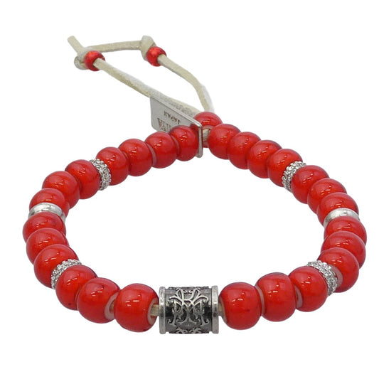 カミヤ G16AC215-0 Glass Beaded Bracelet レザー ビーズ ブレスレット レッド系 シルバー系【極上美品】【中古】